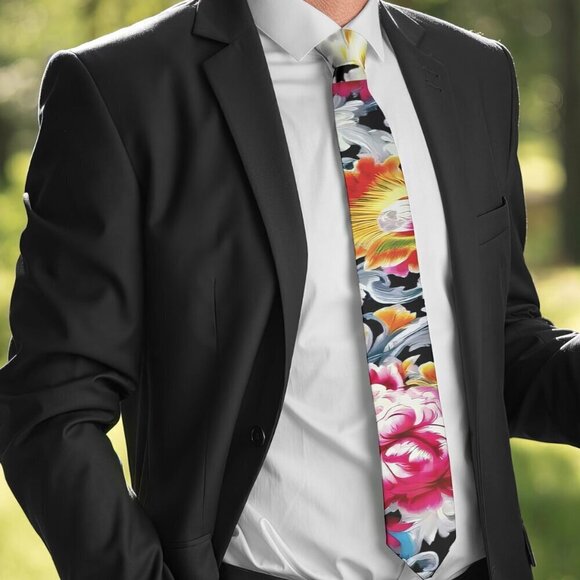 Baroque Floral Tie Retro Designer Menswear Tie Necktie Black Pink Rococo - Picture 2 of 7